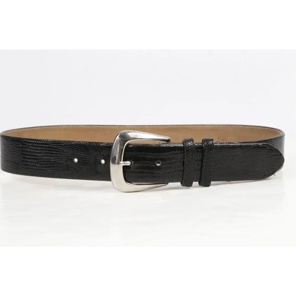 Vintage Black Genuine Lizard Leather Belt Silver Western Buckle Medium Size M